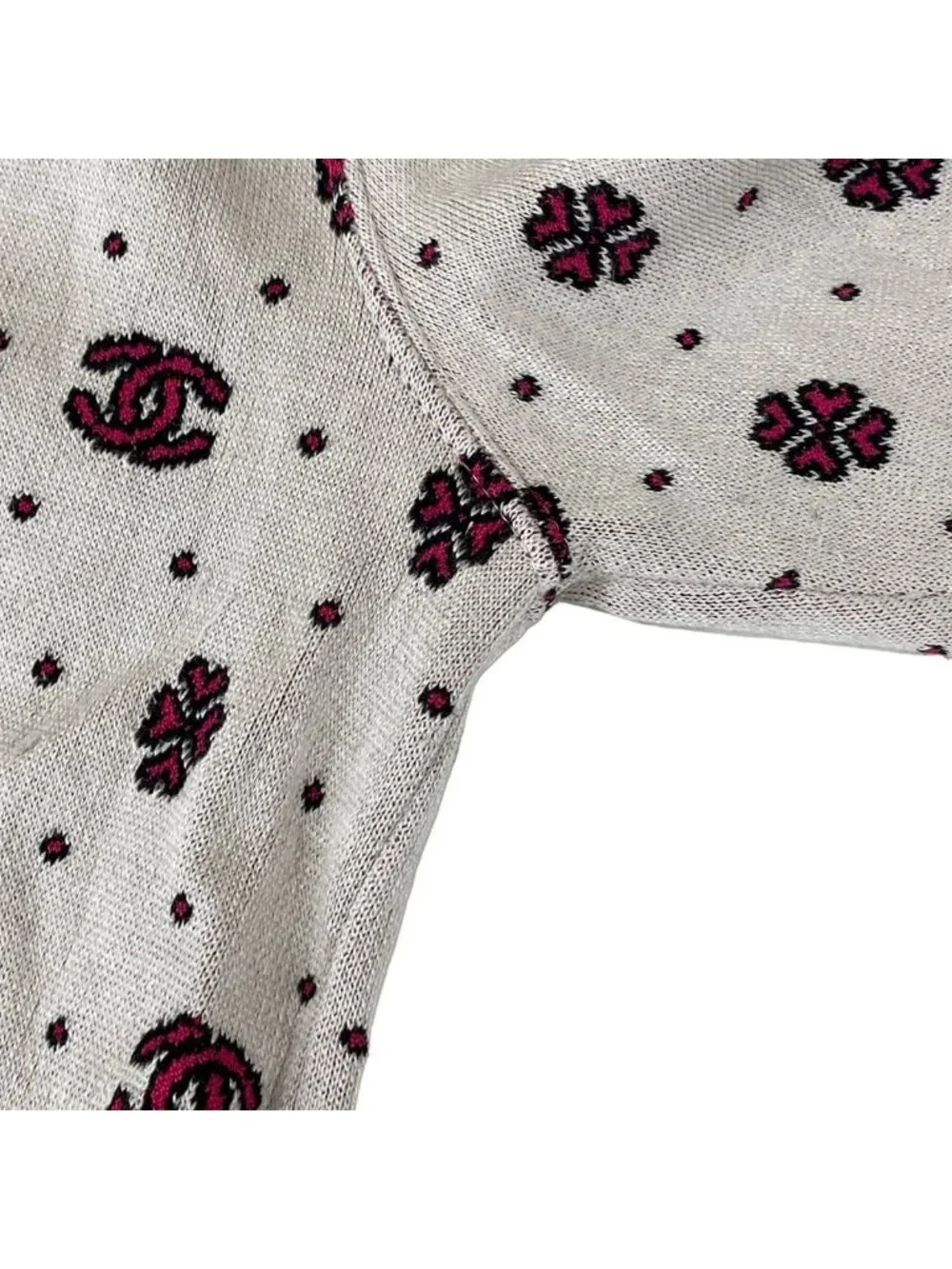 Chanel Long Sleeve Sweater 34 White Pink CC Logo Half Zip Clover Cotton Silk
